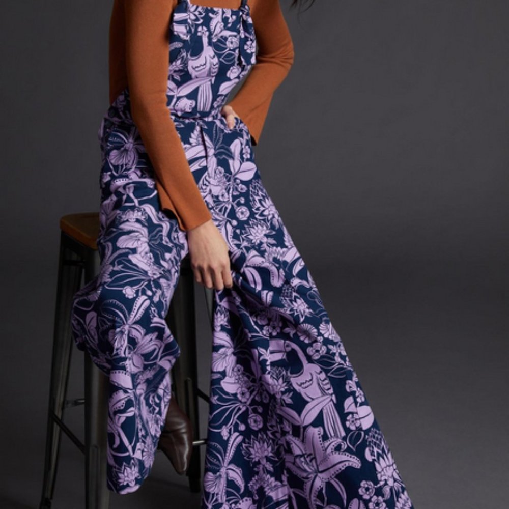 Farm Rio Anthropologie M NWT Wide Leg Overalls Jumpsuit Toucans Medium Blue - Picture 8 of 8